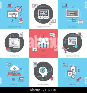 Business concept line icons set with social marketing web design and cloud data flat isolated vector illustration Stock Vector