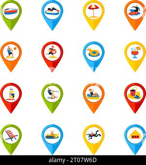 Various summer vacation locations marks signs colorful icons collection with surfing refreshments and beach accessories isolated vector illustration Stock Vector