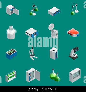 Scientific laboratory equipment isometric icons set with tools for natural research and highly technological devices isolated vector illustration Stock Vector