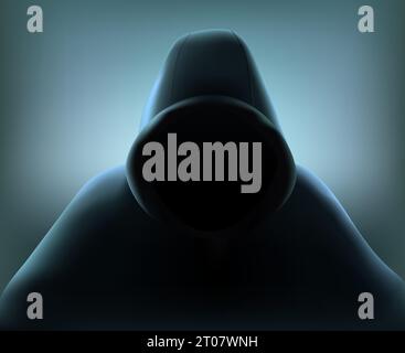 Colored hacker realistic composition with figure of man of woman in black loose overall vector illustration Stock Vector
