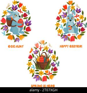 Easter celebration 3 stylish colorful icons composition with eggs hunt and spring flowers abstract isolated vector illustration Stock Vector