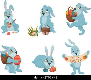 Easter bunny set of six isolated funny characters in different poses with painted easter eggs basket vector illustration Stock Vector