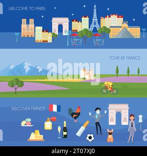 France horizontal banners set with Paris symbols flat isolated vector illustration Stock Vector
