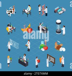 GMO related icons set with researchers conducting scientific experiments dna signs genetically modified products and home animals isometric vector ill Stock Vector
