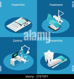 Colored stomatology dentistry isometric icon set with inspection treatment control and prevention descriptions vector illustration Stock Vector