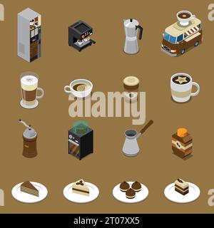 Coffee isometric set with beverages and sweets on plates vending machine grinder cezve car isolated vector illustration Stock Vector