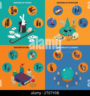 Isometric compositions with masters of tricks and illusions magic and mysticism with attributes isolated vector illustration Stock Vector