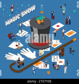 Magic show isometric composition with masters of tricks, cane, hat, playing cards on blue background vector illustration Stock Vector