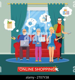 Online shopping flat composition with people group making purchases on Internet using the computer phone and tablet vector illustration Stock Vector