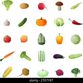 Vegetables polygonal set of twenty five isolated polyangular ripe green stuff single images on blank background vector illustration Stock Vector