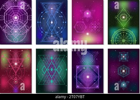 Popular sacred geometry ancient symbols  8 colorful banners with glowing blurry lights mystical backgrounds isolated vector illustration Stock Vector