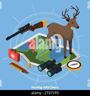 Colored hunting isometric concept with deer at the center on map on blue background vector illustration Stock Vector