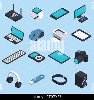Isometric set of wireless mobile devices with smartphone notebook headphones usb tablet printer mouse modem icons isolated vector illustration Stock Vector