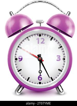Purple alarm clock with two bells in retro style on white background realistic vector illustration Stock Vector