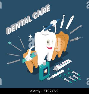 Dental care isometric concept with cartoon character in shape of tooth holding toothpaste and toothbrush vector illustration Stock Vector