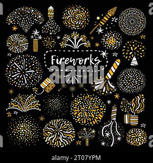 Golden yellow festive different types firework shapes icons composition on black background set poster abstract vector illustration Stock Vector