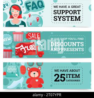 Online shopping horizontal banners collection with cartoon style images of goods gift boxes and support agent vector illustration Stock Vector