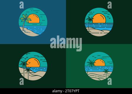 Set of tropical island beach logos with palm trees at sunset on the coastline on a circle design Stock Vector