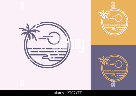 line art of tropical island beach with sun, a palm tree and coastline color variations stamp logo design concept Stock Vector