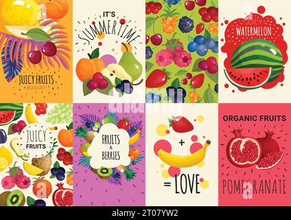 Fresh juicy fruits and berries 8 colorful advertisement banners composition poster with watermelon and pomegranate  isolated vector illustration Stock Vector