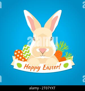 Rabbit easter label with ribbon decorative eggs and carrots vector illustration Stock Vector