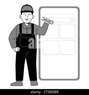 online mechanic technician handyman maintenance repair service with application mobile phone technology digital internet online device Stock Vector