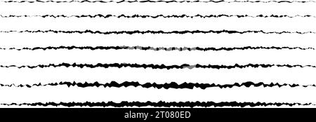 Jagged uneven lines set. Black scribble stroke border collection. Grunge wavy zig zag stripes bundle. Edgy rough scribble design elements pack for poster, banner, booklet, brochure, decoration. Vector Stock Vector