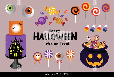 Halloween trick or treat elements vector set design. Happy halloween candies, lollipop, eyeballs, lantern and witch cauldron collection elements. Stock Vector