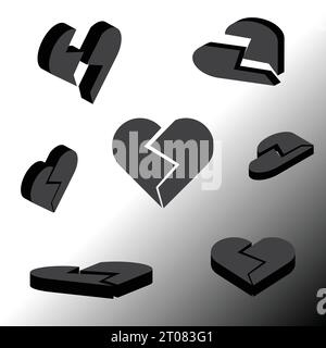 3d broken black heart with different angles, silhouette vector icon for love Stock Vector