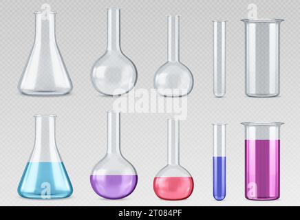 Chemistry measuring glass tubes and beakers. Realistic vector illustration set of empty transparent and filled with colored liquid laboratory flasks. Lab test equipment and science glassware. Stock Vector