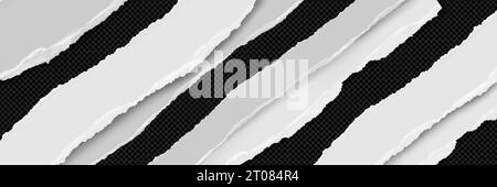Torn paper strip edge, rip and tear piece texture vector design. Blank ripped rough page note template for scrapbook on black transparent background. Abstract realistic tattered label layout asset Stock Vector