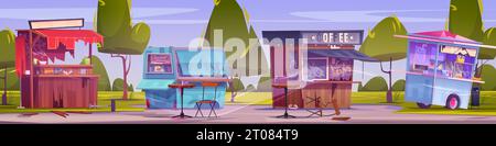 Street market with abandoned and broken food and drinks kiosks with mess, dust and cobweb. Cartoon vector illustration of closed and destroyed deserted and desolate festival or outdoor marketplace. Stock Vector