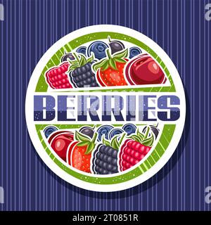 Vector logo for Berries, white decorative sign board with contour illustration of many variety red wild forest berry in a row and unique brush letteri Stock Vector
