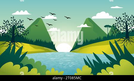 Nature Landscape Vector Illustration, Wallpaper, Background, Digital Art. Stock Vector