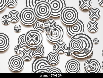 White circles with black rings abstract retro background. Vector design Stock Vector
