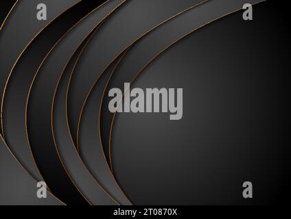 Black corporate waves with golden outlines abstract background. Vector elegant design Stock Vector