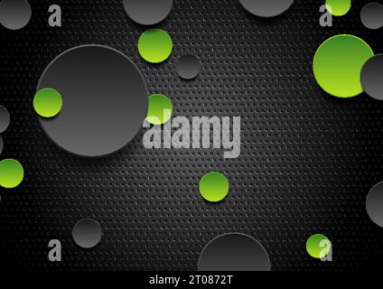 Green and black abstract circles on dark perforated background. Technology vector design Stock Vector