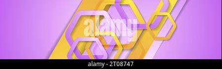 Pink and yellow tech geometric banner with abstract hexagons. Vector design Stock Vector