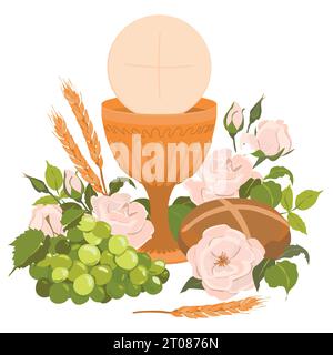 The First communion symbols. Vector. Golden bowl for wine, bread, wine, grapes, white roses. Elements for beautiful invitation design. Festively decor Stock Vector