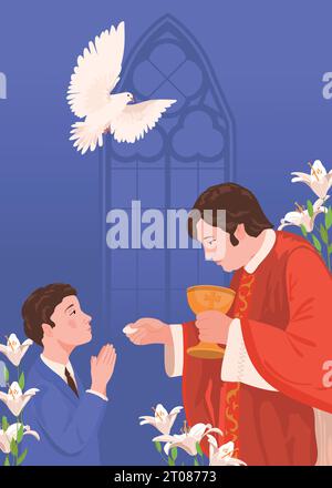 A boy in a suit during the first communion. Vector A priest holds bread, a manifestation of the holy spirit in the form of a white radiant dove. Churc Stock Vector