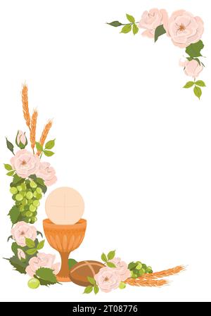 Catholic First Communion. Vector. Golden bowl for wine, bread, wine, grapes, white roses. Elements for beautiful invitation design. Festively decorate Stock Vector