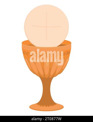 Golden chalice on a white background. First communion vector icon. The main symbols of Christianity - sacrifice of Jesus Christ. Golden goblet - grail Stock Vector