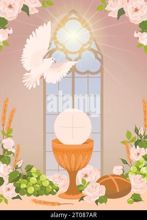 Decorated altar in the church. Elements for the first communion - bread, holy cup, wine. The presence of the holy spirit in the temple in the form of Stock Vector