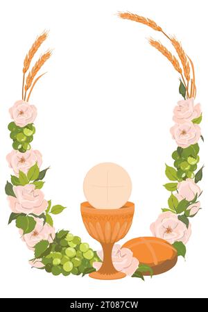 Symbols of the first communion in a round composition, wreath. Vector. Golden bowl for wine, bread, wine, grapes, white roses. Elements for beautiful Stock Vector