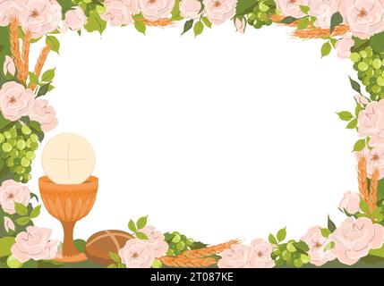 Symbols of the first communion in a rectangular frame. Vector. Golden bowl for wine, bread, wine, grapes, white roses. Composition for beautiful invit Stock Vector
