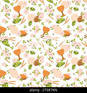 Seamless pattern with symbols of the Christian religion. holy communion elements - chalice, grapes, bread, ears of corn. Vector. Design for fabric, wa Stock Vector