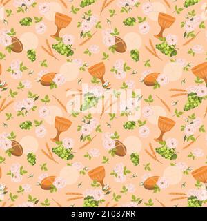 Seamless pattern with symbols of the Christian religion. holy communion elements - chalice, grapes, bread, ears of corn. Vector. Design for fabric, wa Stock Vector