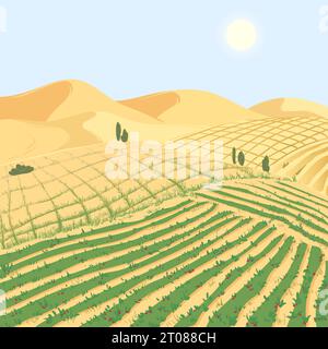 Landscape with a vegetable farm in the desert. Combating desertification and drought is a global problem. Concept of application of the Desert Stock Vector