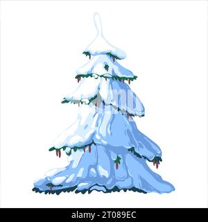Spruce in the snow on a white background. A green fluffy pine tree, hidden by snow, isolated on a white background. Winter snow-covered tree. Stock Vector