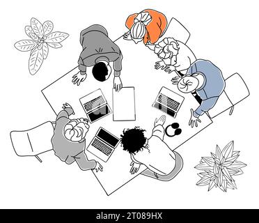 Office meeting top view. Conference group teamwork discussion at ...
